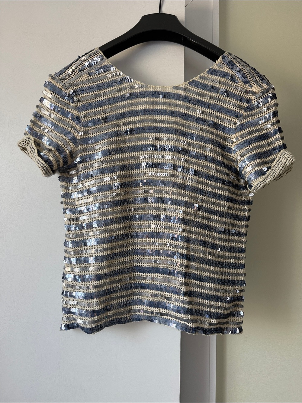 Gryphon New York Blue Cream Sequin cotton crochet Crop Top short sleeve  size XS